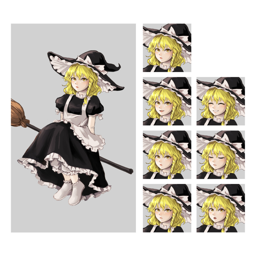1girl angry apron black_dress blonde_hair bobby_socks border bow braid broom broom_riding closed_eyes closed_mouth commentary_request dress expression_chart frilled_apron frilled_dress frilled_hat frills grey_border happy hat hat_bow highres hoshiringo0902 kirisame_marisa lips long_hair looking_at_viewer open_mouth puffy_short_sleeves puffy_sleeves sad short_sleeves side_braid simple_background single_braid smile socks solo standing surprised touhou v-shaped_eyebrows white_apron white_background white_bow white_legwear witch witch_hat yellow_eyes