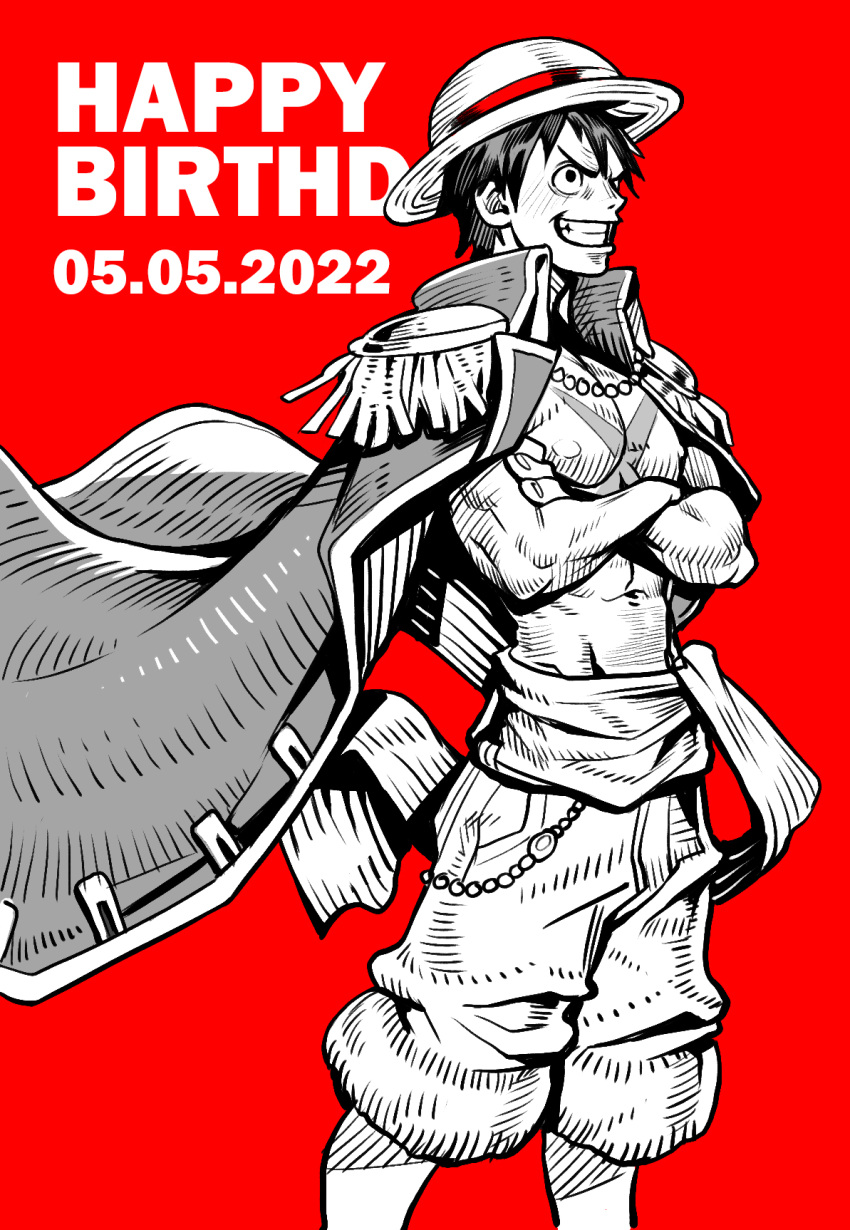 1boy abs alejandro_tio belt biceps black_hair cape cape_lift crossed_arms happy_birthday hat highres large_pectorals looking_to_the_side male_focus monkey_d._luffy muscular muscular_male nipples no_shirt one_piece pectorals red_background shorts smirk solo spiky_hair straw_hat teeth text_focus
