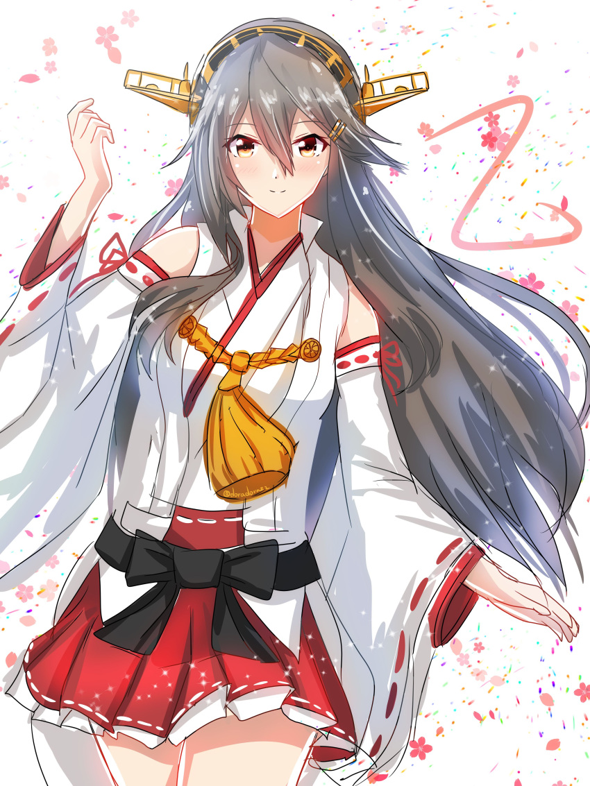 1girl absurdres black_hair brown_eyes closed_mouth detached_sleeves doradorazz eyebrows_visible_through_hair hair_between_eyes hair_ornament hairclip hakama hakama_short_skirt hakama_skirt hand_up haruna_(kancolle) haruna_kai_ni_(kancolle) headgear highres japanese_clothes kantai_collection long_hair looking_at_viewer nontraditional_miko one-hour_drawing_challenge red_skirt ribbon-trimmed_sleeves ribbon_trim skirt smile solo twitter_username