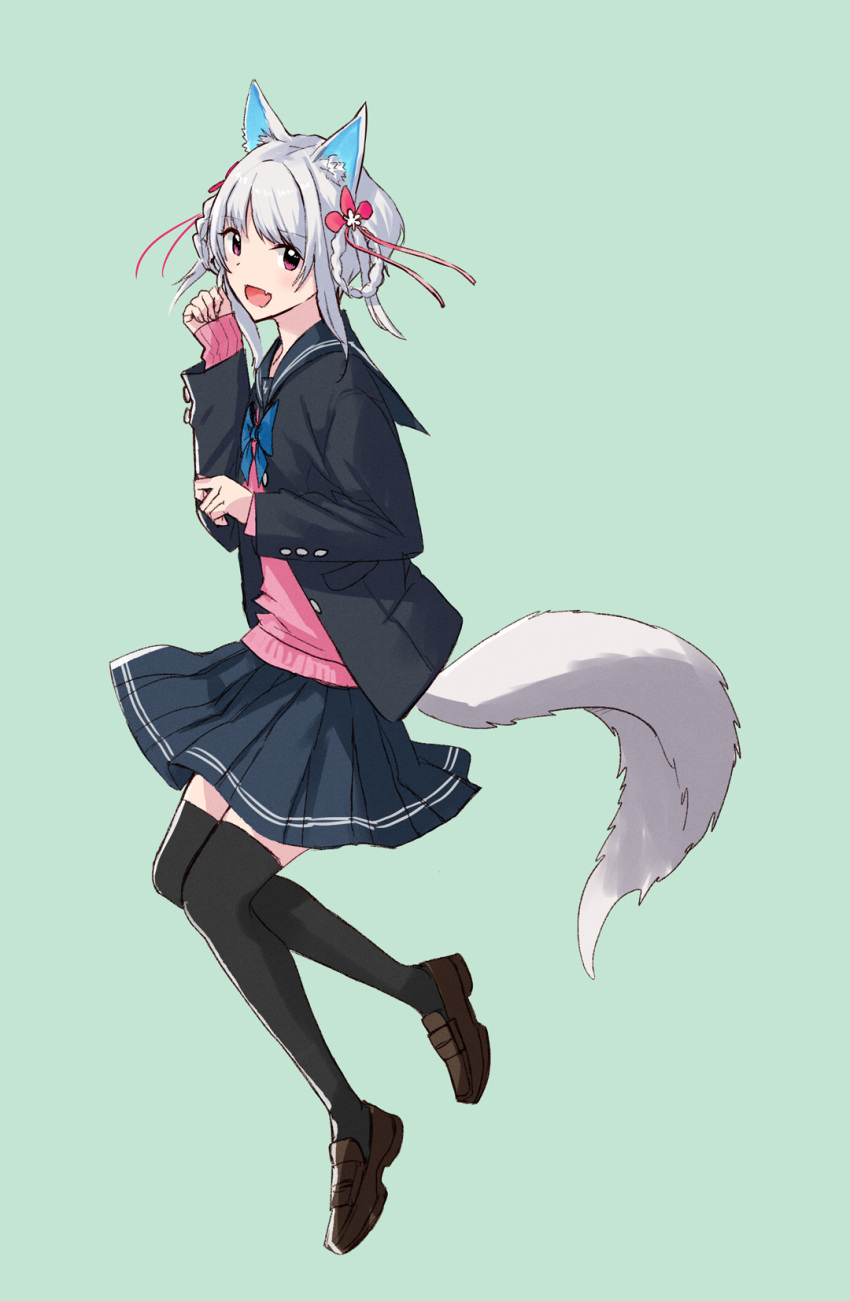 1girl animal_ear_fluff animal_ears black_legwear blue_bow blue_skirt bow brown_footwear fang green_background grey_hair highres kazuharu_kina open_mouth original pink_eyes short_hair simple_background skin_fang skirt sleeves_past_wrists smile solo tail thigh-highs