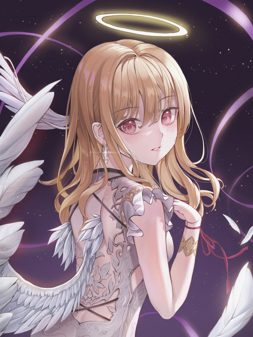 1girl absurdres bangs blonde_hair earrings error feathered_wings halo highres jewelry lime_namu long_hair looking_at_viewer looking_back original parted_lips red_eyes red_ribbon ribbon solo upper_body wings wrong_hand