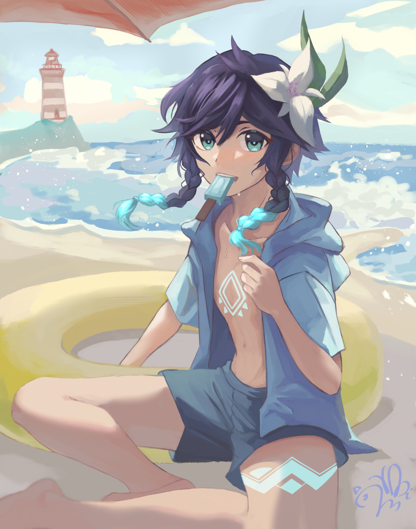1boy absurdres androgynous bangs beach black_hair blue_hair braid chest_tattoo clouds cloudy_sky collarbone commentary_request day flower food genshin_impact gradient_hair green_eyes hair_flower hair_ornament highres hood hood_down hoodie ice_cream leaf leg_tattoo looking_at_viewer male_focus multicolored_hair ocean open_clothes open_mouth outdoors short_hair_with_long_locks side_braids sidelocks sky smile solo tattoo twin_braids venti_(genshin_impact) water white_flower youli