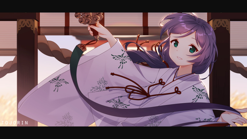 1girl absurdres artist_name bangs birthday eyebrows_visible_through_hair green_eyes highres holding japanese_clothes kimono long_hair looking_at_viewer love_live! love_live!_school_idol_project low_ponytail miko purple_hair shiny shiny_hair smile solo temple tojorin toujou_nozomi upper_body white_kimono