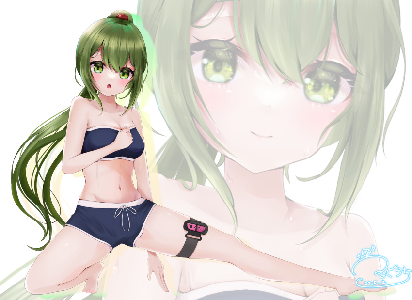 1girl aoi_sakura_(virtual_youtuber) green_eyes green_hair hand_on_own_chest ring_fit_adventure short_shorts simple_background stretch sweat virtual_youtuber white_background
