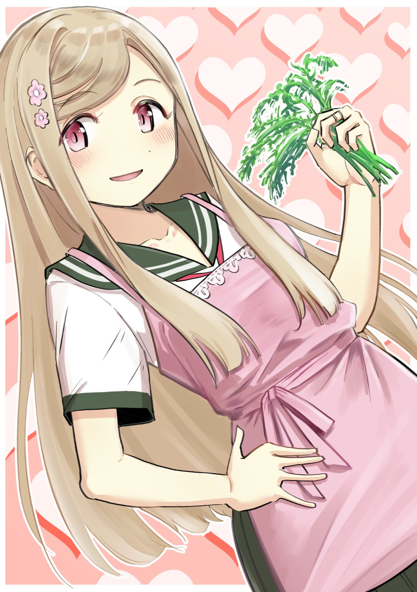 1girl adapted_costume apron blonde_hair blunt_ends blush cowboy_shot dot_nose dutch_angle eyebrows_visible_through_hair flower food green_sailor_collar green_skirt hair_flower hair_ornament hand_on_hip hand_up heart heart_background highres holding holding_food holding_vegetable jewelry kurusu_alexandra long_hair looking_at_viewer magia_record:_mahou_shoujo_madoka_magica_gaiden mahou_shoujo_madoka_magica neck_ribbon pink_apron pink_background pink_eyes pink_ribbon pleated_skirt ribbon ring sailor_collar sansho_ss school_uniform shirt short_sleeves sidelocks skirt solo vegetable very_long_hair white_shirt yunohana_international_school_uniform