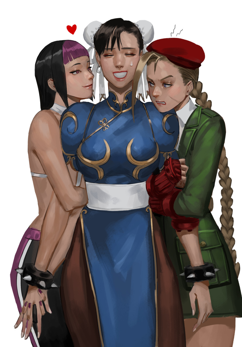 3girls absurdres angry arm_hug bbubbubbobbo123 black_hair blonde_hair bracelet braid bun_cover cammy_white chinese_clothes chun-li double_bun girl_sandwich hair_bun han_juri heart highres holding_hands interlocked_fingers jewelry looking_at_another multiple_girls official_alternate_costume pantyhose puffy_short_sleeves puffy_sleeves sandwiched scar scar_on_cheek scar_on_face short_sleeves simple_background smile spiked_bracelet spikes street_fighter street_fighter_v sweatdrop yuri