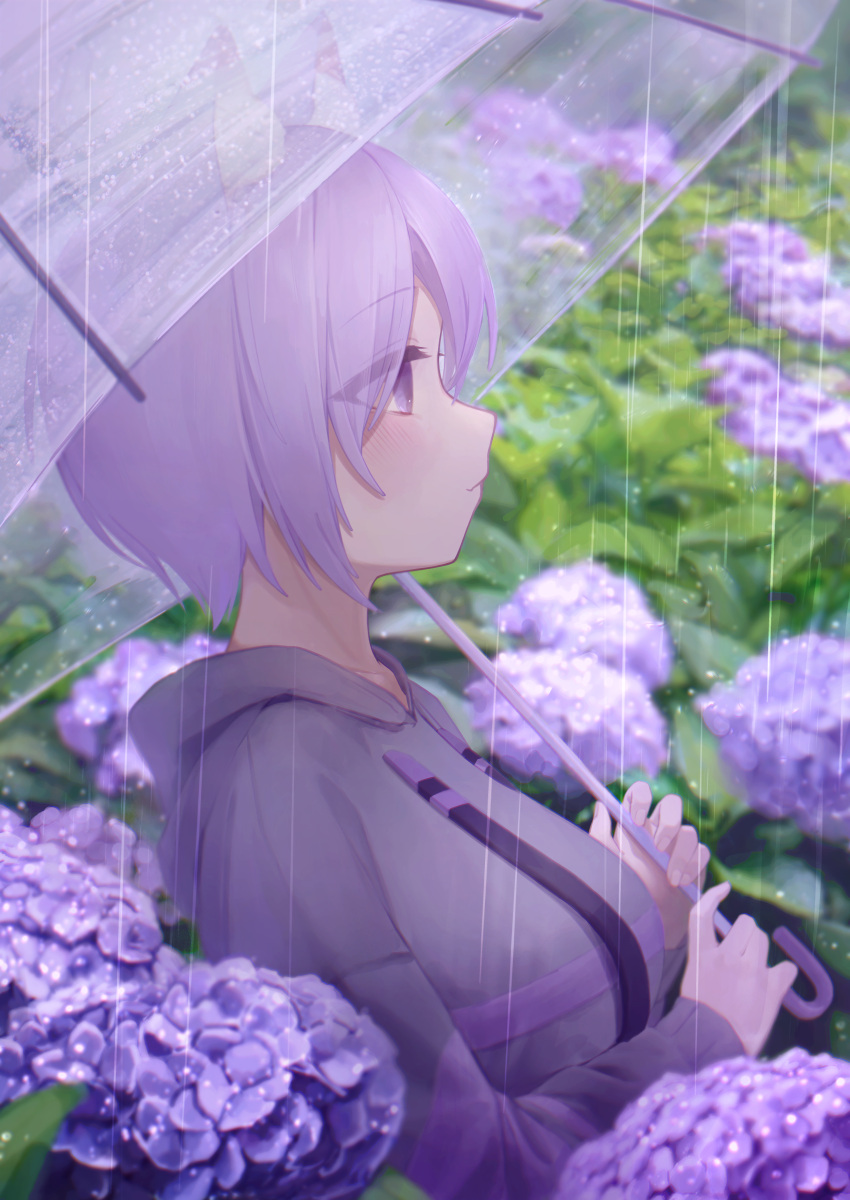 1girl absurdres animal_ear_fluff animal_ears bangs black_hoodie breasts cat_ears cat_girl commentary_request drawstring eyes_visible_through_hair flower from_side highres holding holding_umbrella hololive hood hood_down hoodie hydrangea large_breasts long_sleeves looking_away nanome_to nekomata_okayu outdoors plant profile purple_flower purple_hair short_hair solo transparent transparent_umbrella umbrella upper_body violet_eyes virtual_youtuber