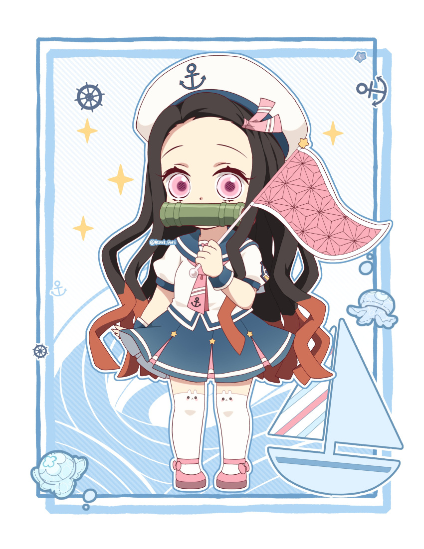 1girl absurdres bamboo bit_gag black_hair chibi flag gag hair_ornament hair_ribbon haori hat highres japanese_clothes kamado_nezuko kimetsu_no_yaiba long_hair military military_uniform multicolored_hair naval_uniform neckerchief necktie pink_eyes pori_(kmt_pori) protected_link ribbon shoes skirt socks uniform very_long_hair