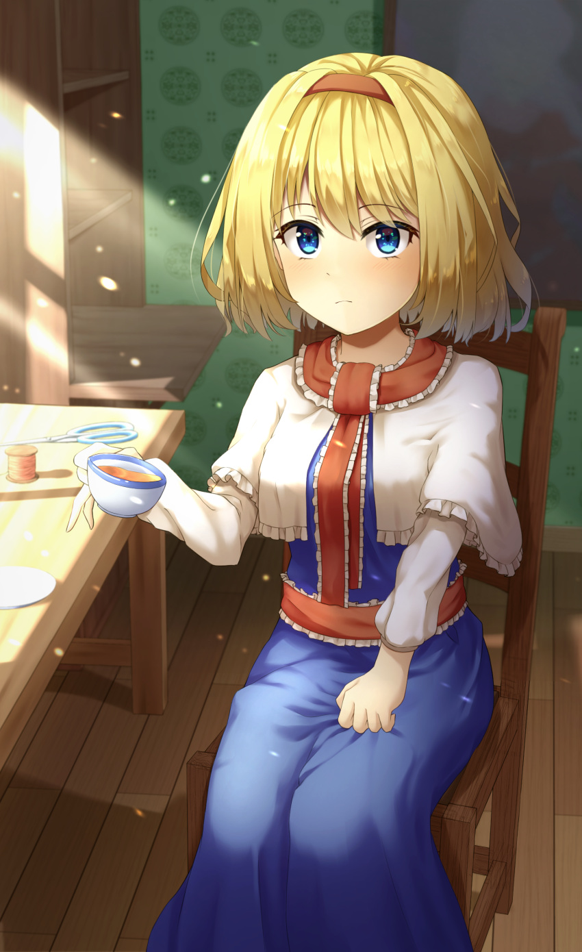 1girl absurdres alice_margatroid bangs blonde_hair blue_dress blue_eyes capelet chair closed_mouth cup dress hairband highres holding holding_cup indoors light_particles light_rays looking_at_viewer red_hairband red_scarf scarf short_hair sitting solo teacup touhou white_capelet yosshy