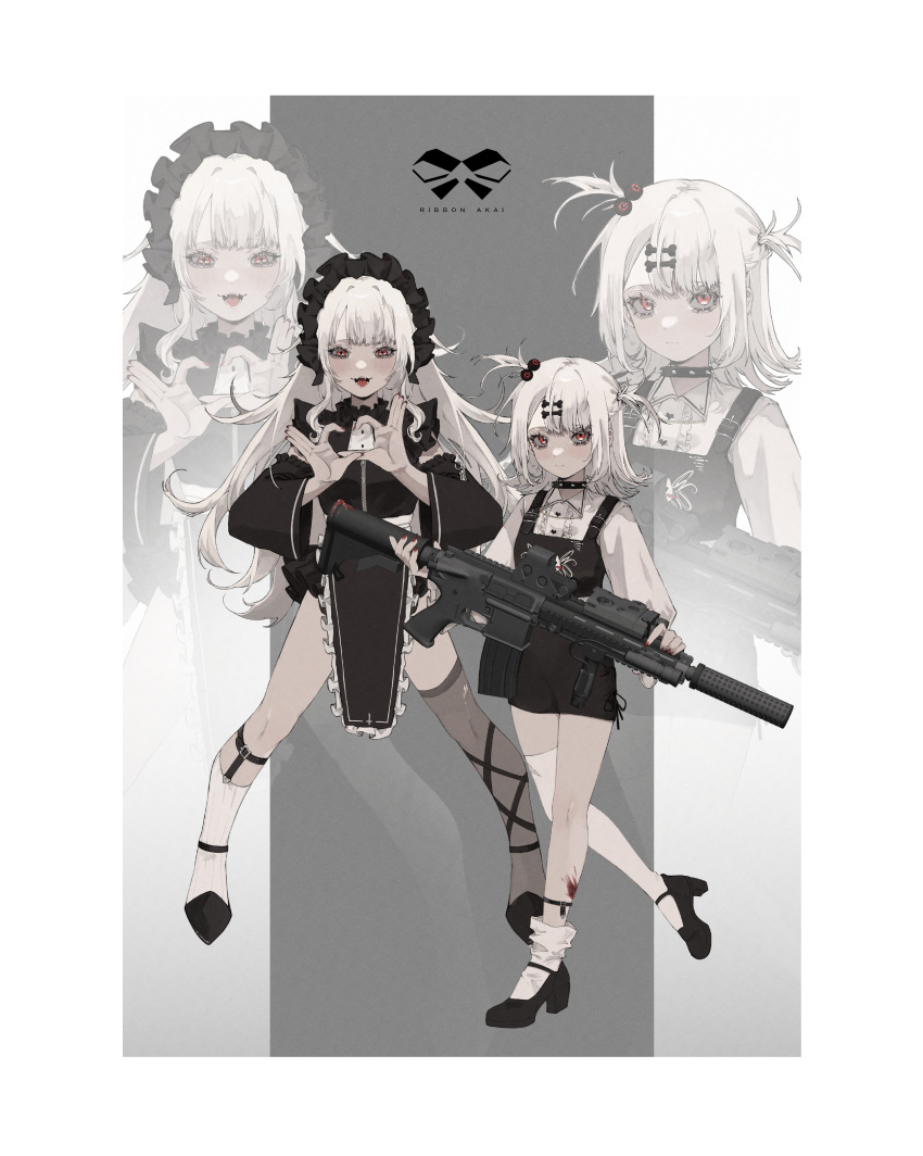 2girls absurdres albino el_(ribbon_akai) facing_viewer grey_background grey_hair gun highres long_hair looking_at_viewer mare_(ribbon_akai) multicolored_background multiple_girls original red_eyes ribbon_akai rifle short_hair weapon white_background white_hair