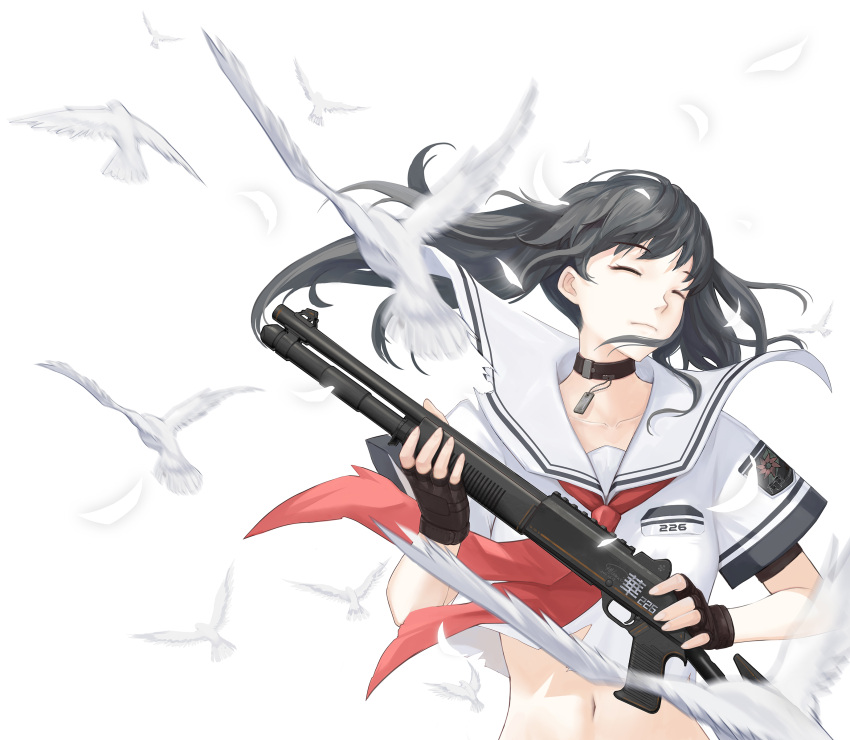 1girl absurdres bird black_collar black_gloves black_hair closed_eyes collar crop_top dog_tags fingerless_gloves gloves gun highres holding holding_gun holding_weapon long_hair navel neckerchief original red_neckerchief school_uniform serafuku shirt short_sleeves shotgun shou_mai solo twintails upper_body weapon white_shirt