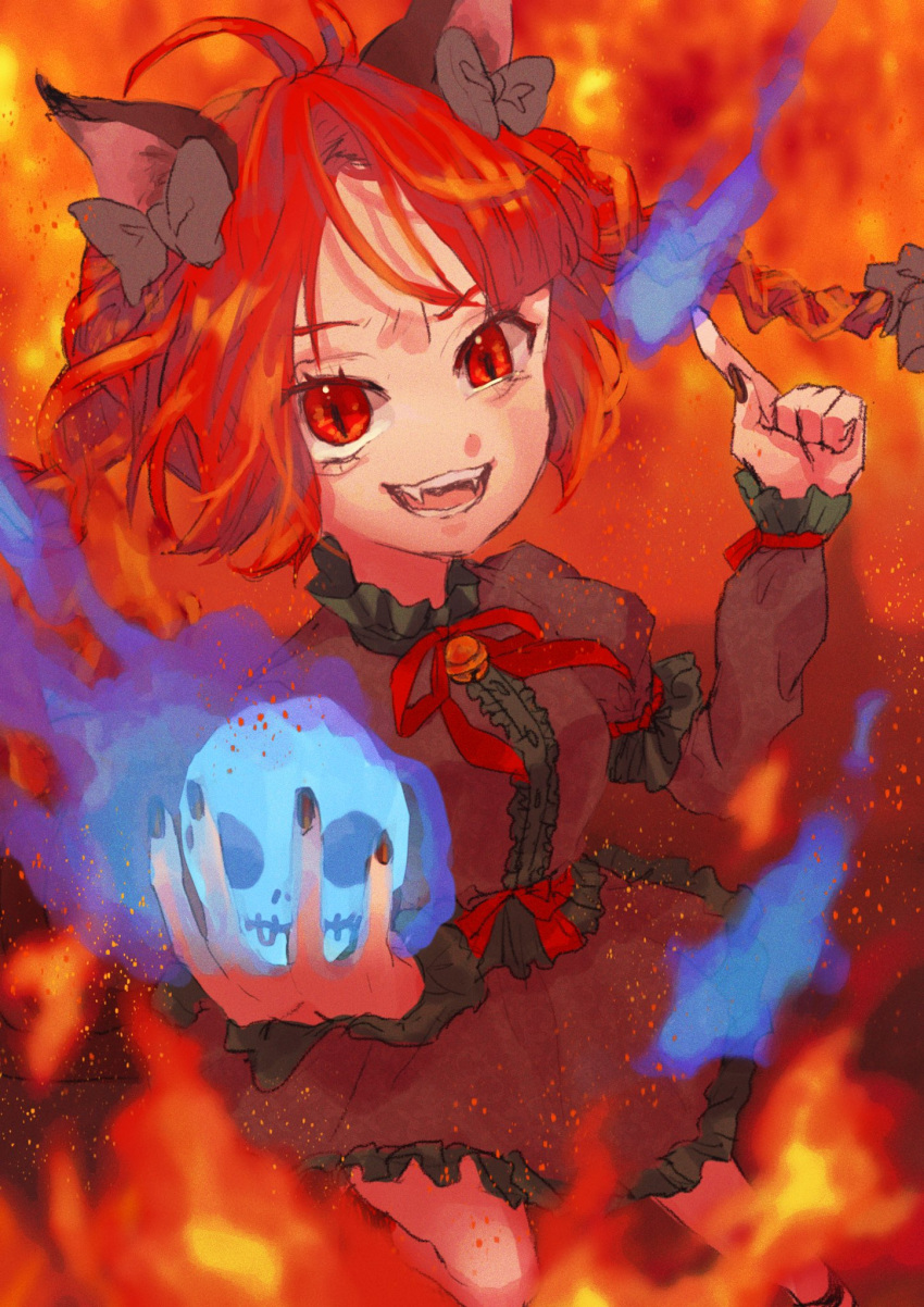 1girl animal_ears bell blue_fire bow braid cat_ears dress fangs fire flaming_skull ghost green_dress highres hitodama holding holding_skull kaenbyou_rin leg_ribbon looking_at_viewer neck_bell open_mouth puffy_sleeves red_bow red_eyes red_nails redhead ribbon skull slit_pupils sparks synonym_xxxx touhou twin_braids