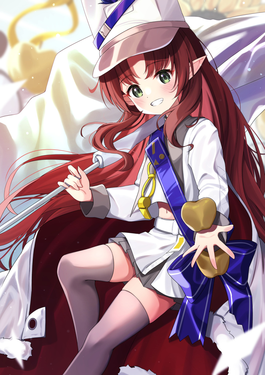 1girl apple arknights bangs blush brown_hair cloak commentary_request feet_out_of_frame flag food fruit fur-trimmed_cloak fur_trim green_eyes grey_legwear grin hat highres holding holding_flag jacket long_hair long_sleeves looking_at_viewer midriff_peek myrtle_(arknights) navel parted_bangs peaked_cap pointy_ears skirt smile solo syurimp thigh-highs very_long_hair white_cloak white_flag white_headwear white_jacket white_skirt