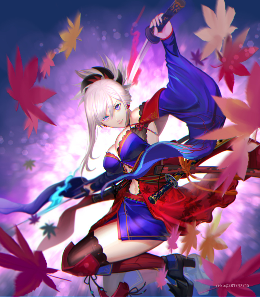 1girl absurdres bangs black_legwear blue_eyes blue_kimono breasts clothing_cutout dual_wielding fate/grand_order fate_(series) grey_hair hair_ornament highres holding holding_sword holding_weapon japanese_clothes katana kimono large_breasts miyamoto_musashi_(fate) navel_cutout obi ponytail ri-ko sash single_sidelock solo swept_bangs sword thigh-highs weapon wide_sleeves