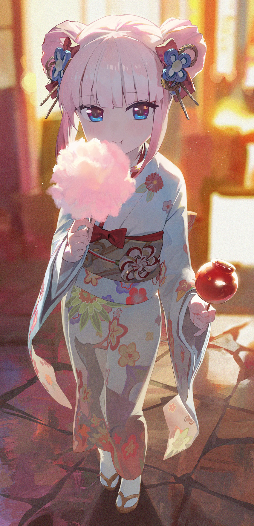 1girl absurdres bangs blue_eyes blurry blurry_background blush bow bowtie candy_apple child closed_mouth cotton_candy depth_of_field double_bun dragon_girl eyebrows_visible_through_hair festival floral_print food hair_bun hair_ornament highres japanese_clothes kanna_kamui kimono kobayashi-san_chi_no_maidragon looking_at_viewer modare obi outdoors pink_hair pout pouty_lips print_kimono red_bow red_bowtie sash solo summer_festival tabi white_legwear zouri