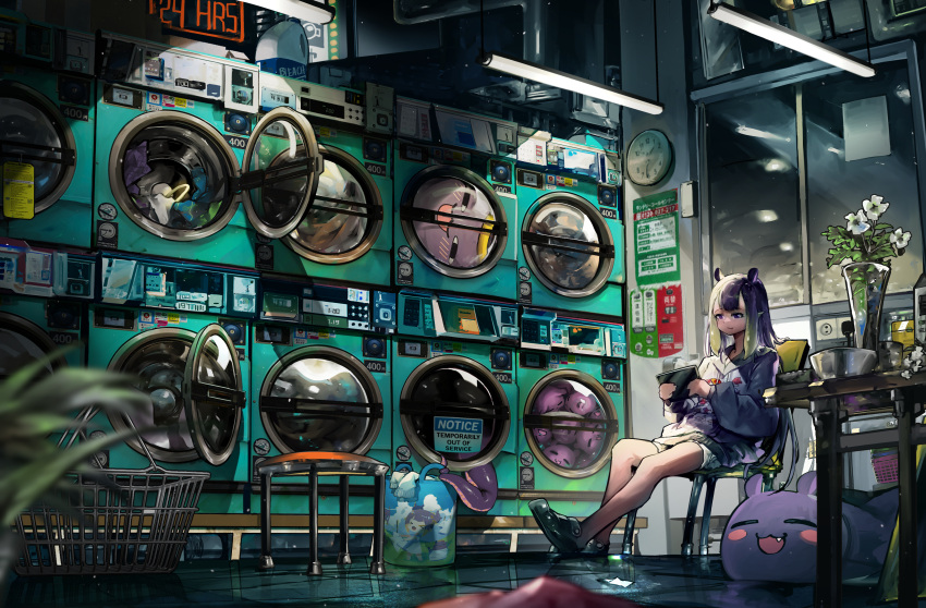 1girl absurdres bag bleach_(chemical) blurry chair clock depth_of_field fang flower halo_removed highres hololive hololive_english hood hoodie lamppost laundromat laundry_basket mole mole_under_eye neon_lights ninomae_ina'nis reflection stool tablet_pc tako_(ninomae_ina'nis) tentacles vase violet_eyes virtual_youtuber vyragami window