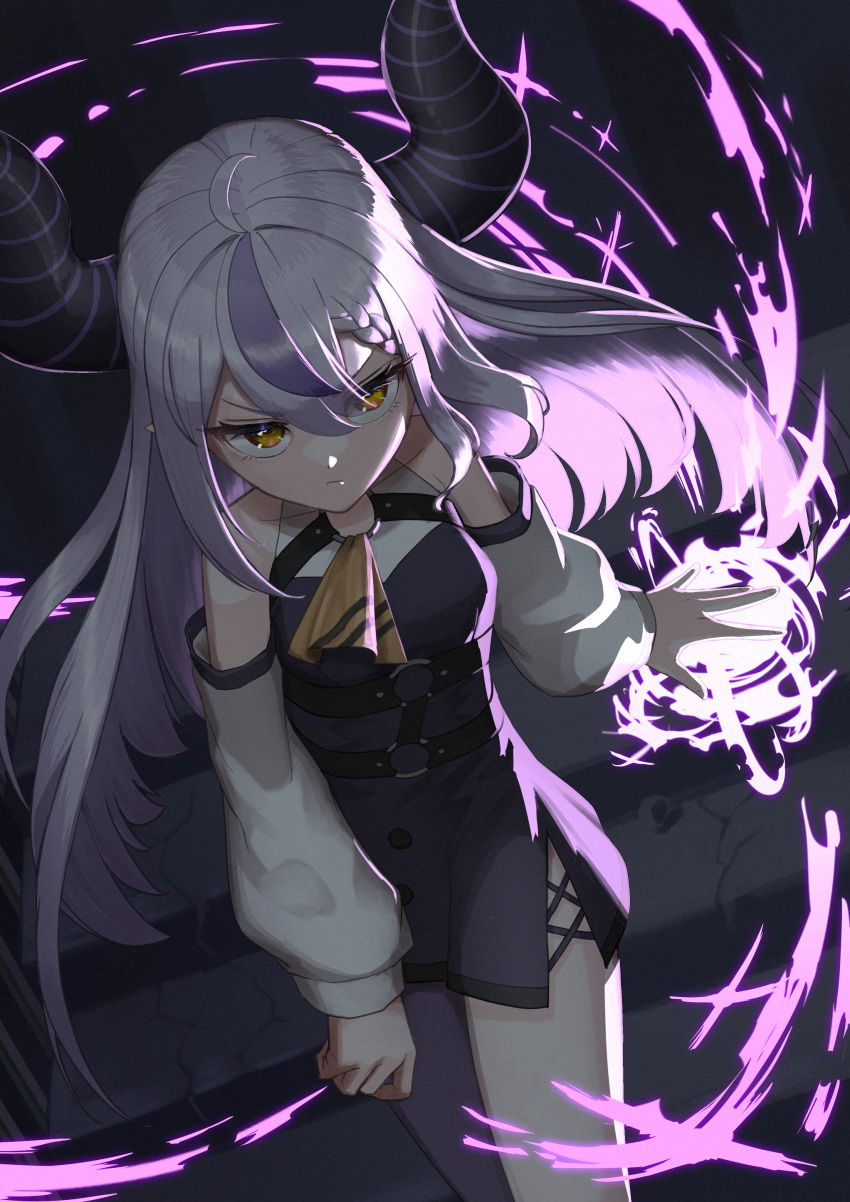 1girl absurdres ahoge angry arimoto_wataru black_horns braid braided_bangs demon_girl demon_horns detached_sleeves dress grey_hair hair_between_eyes highres hololive horns la+_darknesss long_hair looking_at_viewer magic multicolored_hair purple_hair purple_horns short_dress side_slit single_leg_pantyhose sleeveless sleeveless_dress solo streaked_hair striped_horns v-shaped_eyebrows very_long_hair virtual_youtuber white_sleeves