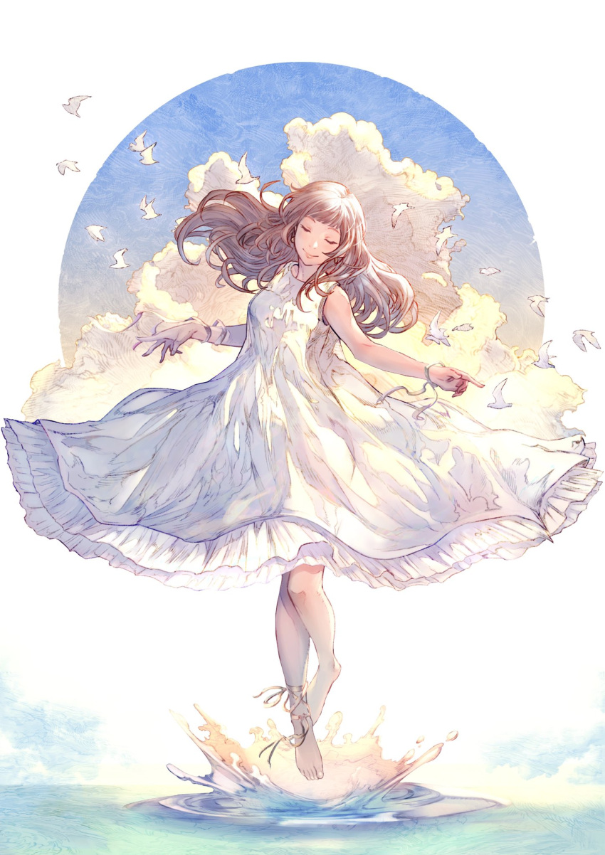 1girl arm_ribbon bare_legs barefoot bird breasts brown_hair character_request closed_eyes closed_mouth clouds cloudy_sky commentary_request copyright_request dress frilled_dress frills full_body happy highres leg_ribbon long_hair ocean outdoors ribbon shukei sky sleeveless sleeveless_dress small_breasts smile solo spaghetti_strap summer sundress sunset toenails toes white_bird white_dress white_ribbon