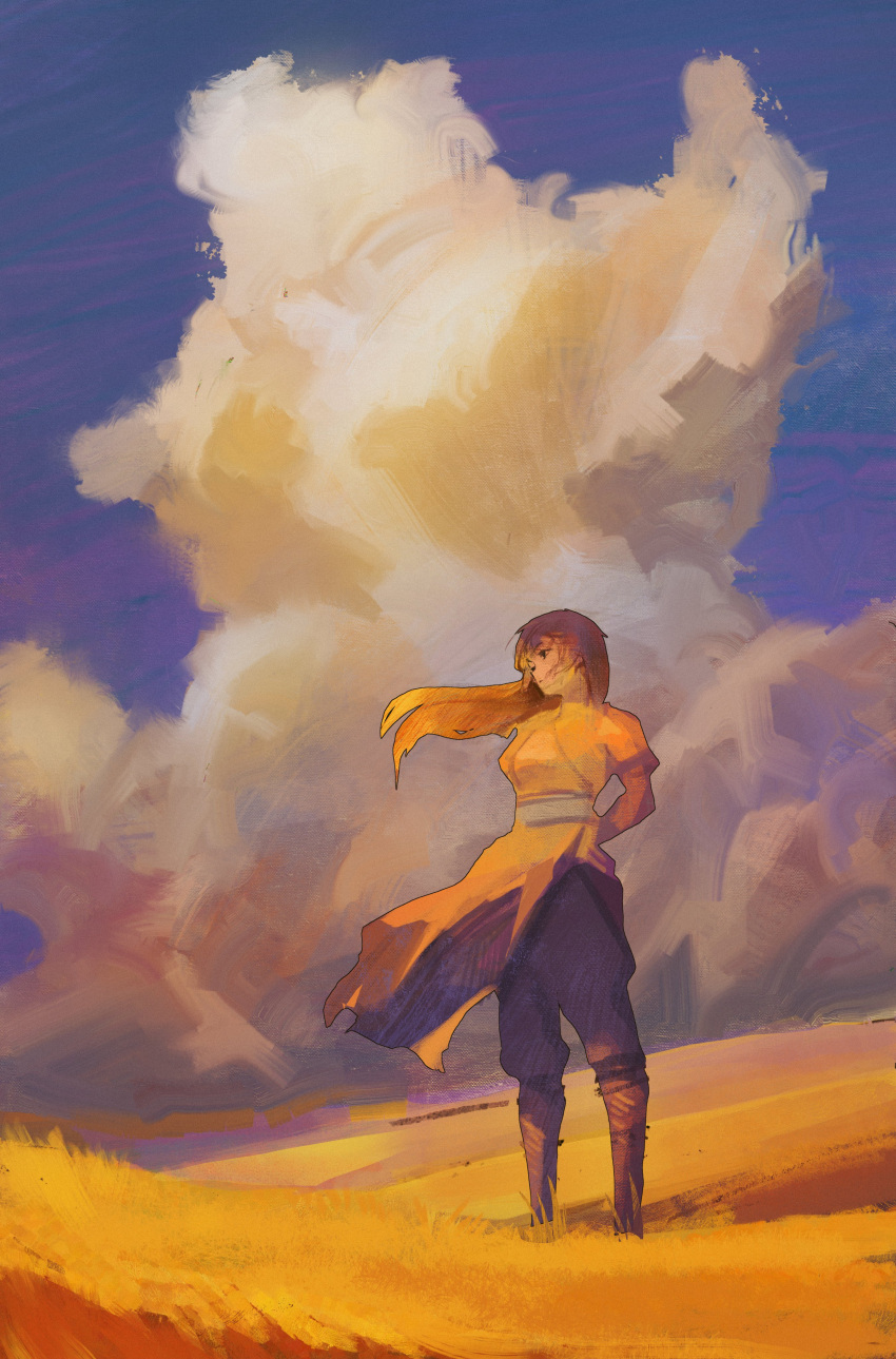 1girl absurdres bangs blonde_hair blue_sky boots brown_footwear closed_mouth clouds cloudy_sky commentary commission cool4noodle dress_shirt from_side grass highres long_hair looking_away original outdoors pants shirt short_sleeves sky solo standing wide_sleeves wind
