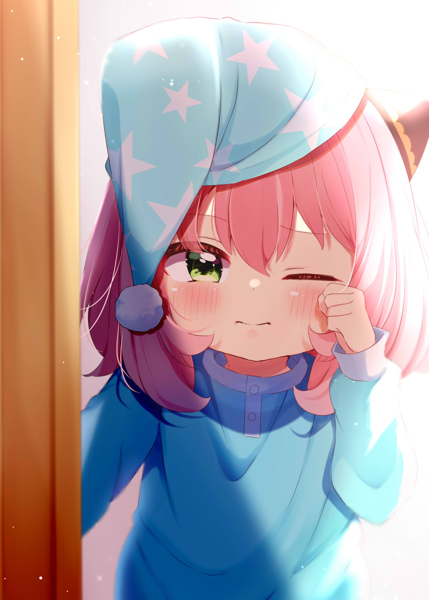 1girl absurdres anya_(spy_x_family) backlighting blue_dress blue_headwear blush child closed_mouth commentary_request dress green_eyes hand_up hat highres kiyo_(yamazoe1122) long_sleeves looking_at_viewer nightcap one_eye_closed pink_hair print_headwear puffy_long_sleeves puffy_sleeves rubbing_eyes sleepy solo spy_x_family star_(symbol) star_print upper_body