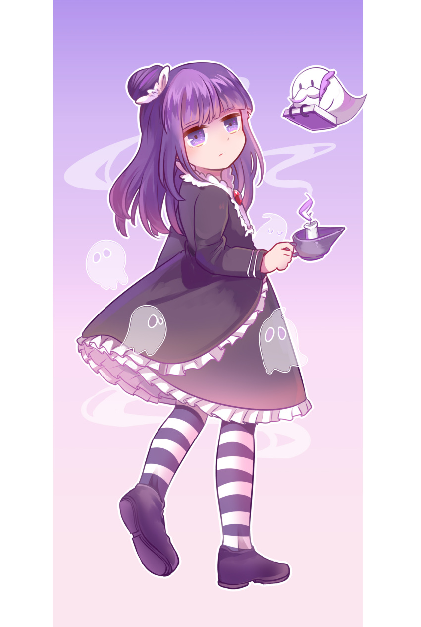 1girl bangs black_dress blackberry_cookie bow brooch candle cookie_run dress eyebrows_visible_through_hair frilled_dress frills full_body ghost gothic_lolita haikumo hair_ornament highres jewelry juliet_sleeves layered_dress lolita_fashion long_sleeves looking_at_viewer parted_lips puffy_sleeves purple_footwear purple_hair short_hair simple_background solo striped striped_legwear violet_eyes white_bow