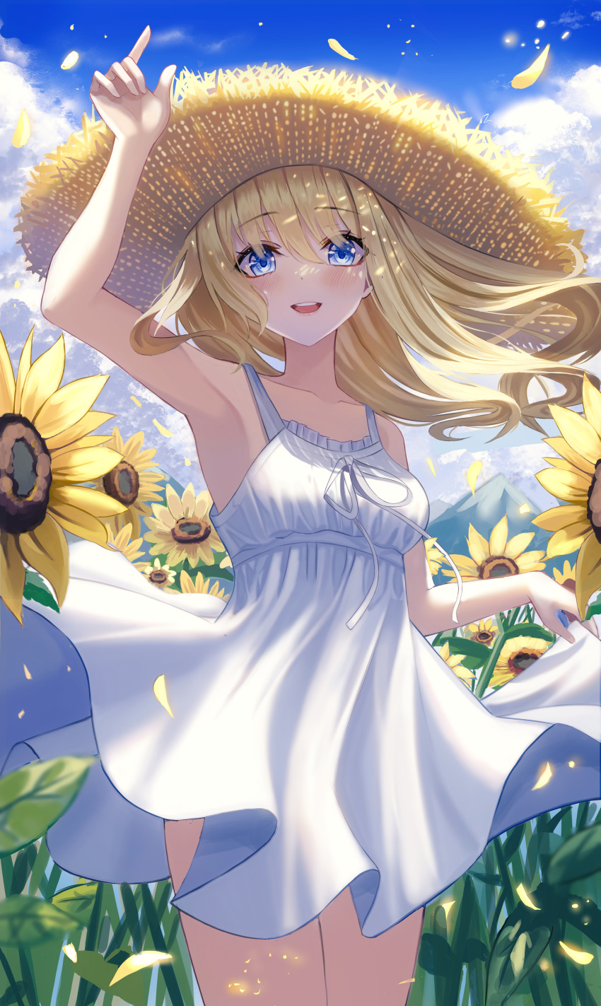 1girl :d absurdres armpits bangs bare_shoulders blonde_hair blue_eyes blue_sky blush breasts clouds cloudy_sky collarbone commentary_request day dress field flower flower_field hand_up hat highres long_hair looking_at_viewer open_mouth original outdoors petals plant poise ribbon sky sleeveless sleeveless_dress small_breasts smile solo spaghetti_strap standing straw_hat sun_hat sundress sunflower white_dress white_ribbon yellow_flower