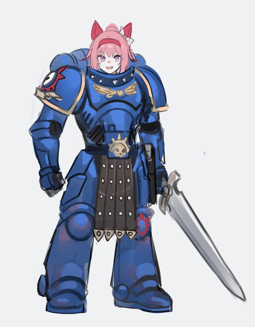 1girl absurdres adeptus_astartes animal_ears armor armored_boots bangs boots breastplate echj faulds full_body gauntlets grey_background hairband haru_urara_(umamusume) highres holding holding_sword holding_weapon horse_ears looking_at_viewer open_mouth pink_hair ponytail shoulder_armor simple_background sketch smile solo standing sword umamusume warhammer_40k weapon