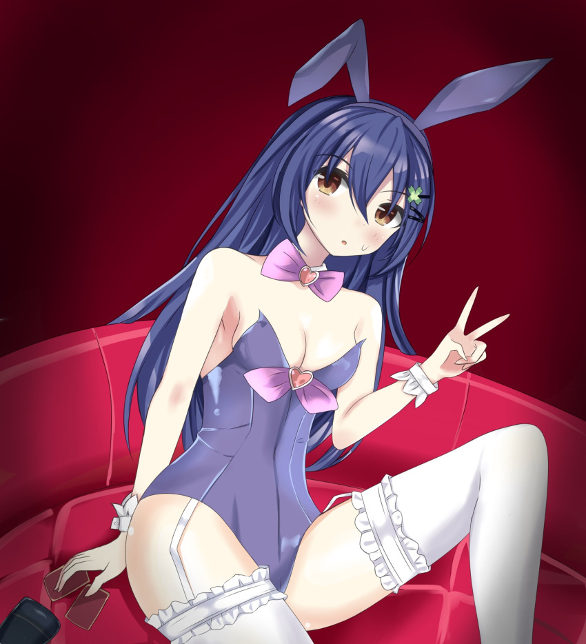 1girl animal_ears blue_hair bow bowtie breasts brown_eyes card casino catssoft1 clover_hair_ornament date_a_live detached_collar fake_animal_ears four-leaf_clover_hair_ornament garter_straps genderswap genderswap_(mtf) hair_ornament highres itsuka_shiori leotard medium_breasts playboy_bunny rabbit_ears solo strapless strapless_leotard thigh-highs v wrist_cuffs