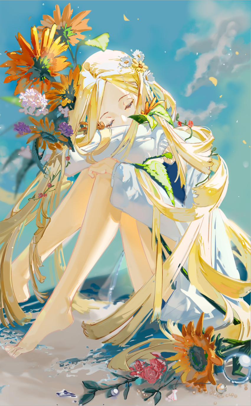 1girl absurdres bare_legs barefoot beach blonde_hair blue_sky byuey closed_eyes clouds covered_mouth facing_viewer flower full_body hair_flower hair_ornament highres holding holding_flower knees_up kofune_ushio long_hair parted_hair sitting sky solo summertime_render sunflower very_long_hair water