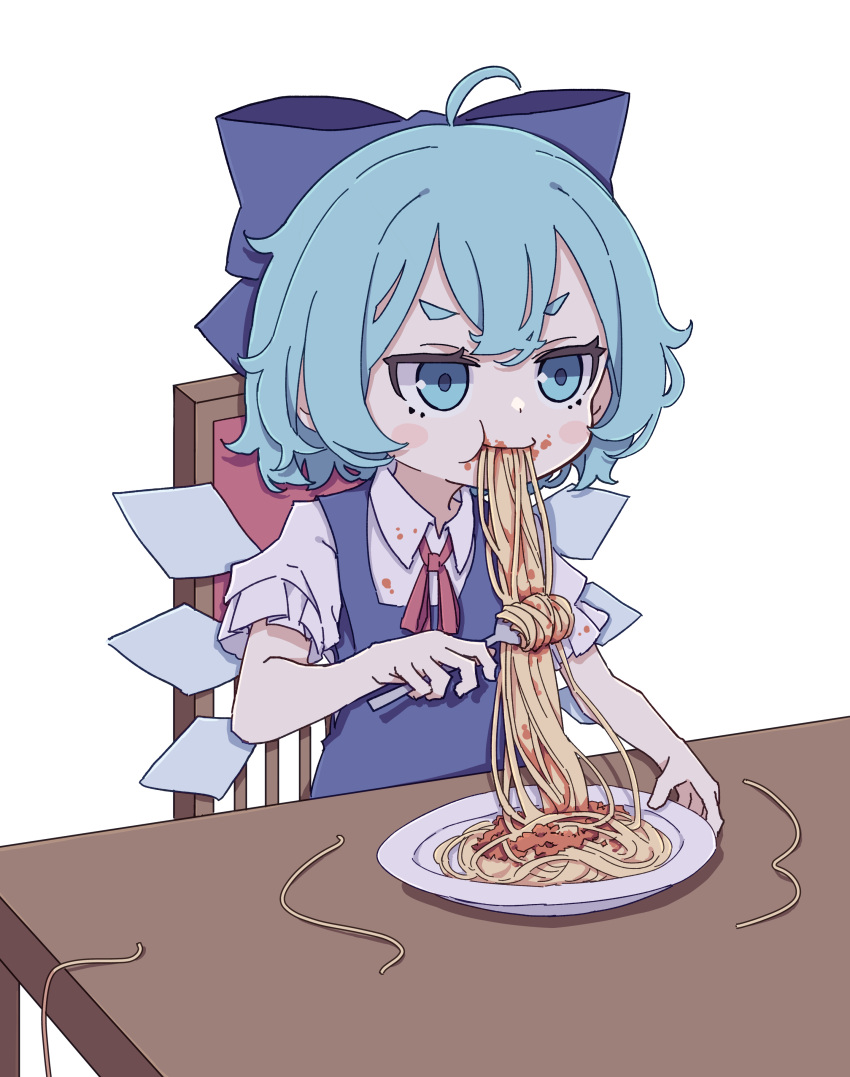 1girl absurdres ahoge blue_bow blue_dress blue_eyes blue_hair blush_stickers bow chair cirno collared_shirt detached_wings dress eating fairy food food_on_face fork hair_between_eyes hair_bow highres holding holding_fork ice ice_wings kame_(kamepan44231) pasta plate puffy_short_sleeves puffy_sleeves shirt short_hair short_sleeves simple_background sitting solo spaghetti touhou white_background white_shirt wings