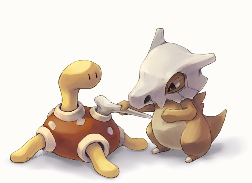 bone bright_pupils brown_eyes crack cubone highres holding holding_bone looking_down misonikomiii no_humans pokemon pokemon_(creature) shuckle skull solid_oval_eyes twitter_username white_background white_pupils