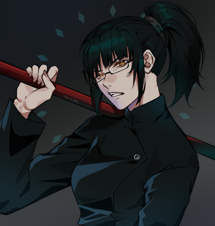 1girl bangs black_background black_hair blunt_bangs breasts clenched_teeth commission english_commentary eriimyon fingernails highres jujutsu_kaisen jujutsu_tech_uniform looking_at_viewer medium_breasts over_shoulder polearm ponytail sidelocks solo teeth twitter_username weapon weapon_over_shoulder yellow_eyes zen'in_maki
