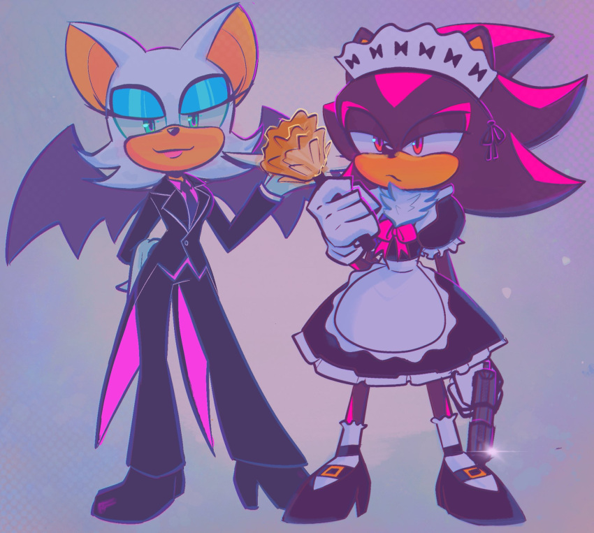 1boy 1girl apron bat_wings black_fur blue_eyes coat collared_shirt emily_echevarria_(frenchiefie) formal gloves gun half-closed_eyes hand_on_back high_heels highres lipstick looking_at_viewer maid maid_apron maid_headdress makeup multicolored_fur necktie pants plate red_eyes red_fur ribbon rouge_the_bat shadow_the_hedgehog shirt shoes smirk socks sonic_(series) suit violet_eyes weapon white_fur wings
