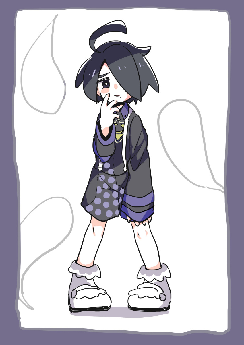 1boy absurdres ahoge allister_(pokemon) black_eyes black_hair black_shirt black_shorts blush_stickers border bright_pupils collared_shirt commentary_request full_body grey_border gutchi_(ggg1234714) hand_up highres knees leaning_forward long_sleeves looking_at_viewer male_focus pigeon-toed pokemon pokemon_(game) pokemon_swsh shirt shoes short_hair shorts socks solo standing suspender_shorts suspenders white_footwear white_legwear