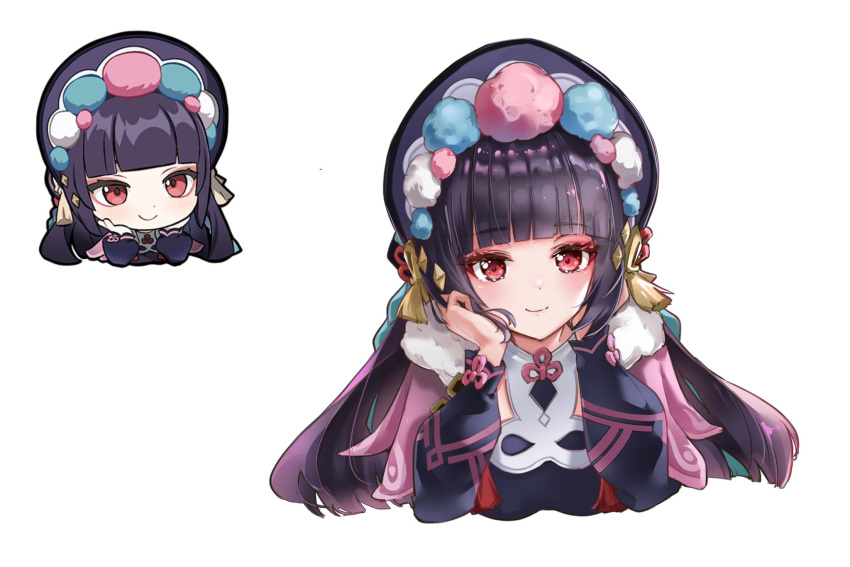 1girl bangs black_headwear blunt_bangs bonnet capelet chibi chibi_inset closed_mouth cropped_torso eyebrows_visible_through_hair fur_collar genshin_impact hands_on_own_face highres hime_cut long_sleeves pink_capelet puffy_long_sleeves puffy_sleeves purple_hair red_eyes scup simple_background smile solo white_background yun_jin_(genshin_impact)