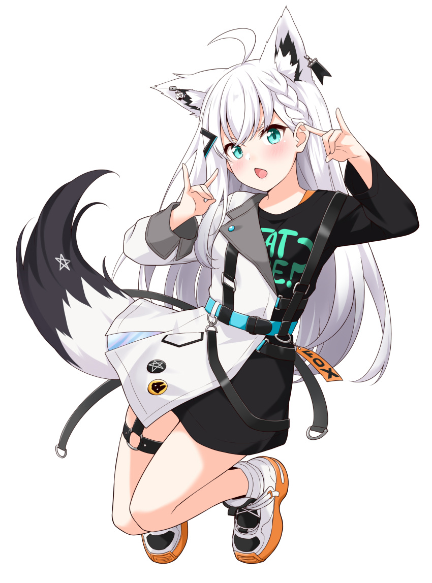 1girl absurdres ahoge animal_ear_fluff animal_ears asymmetrical_clothes bangs black_shirt black_skirt blush braid commentary_request double_fox_shadow_puppet earrings extra_ears eyebrows_visible_through_hair felutiahime fox_ears fox_girl fox_shadow_puppet fox_tail green_eyes hair_between_eyes hair_ornament hairclip highres hololive jacket jewelry long_hair looking_at_viewer open_mouth pentagram shirakami_fubuki shirt shoes sidelocks simple_background single_braid skirt solo tail thigh_strap virtual_youtuber white_background white_hair
