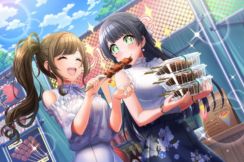 2girls d4dj dress eyebrows_visible_through_hair eyes_closed food food_in_mouth green_eyes holding holding_food long_hair open_mouth purple_hair smile source_request togetsu_rei upper_teeth