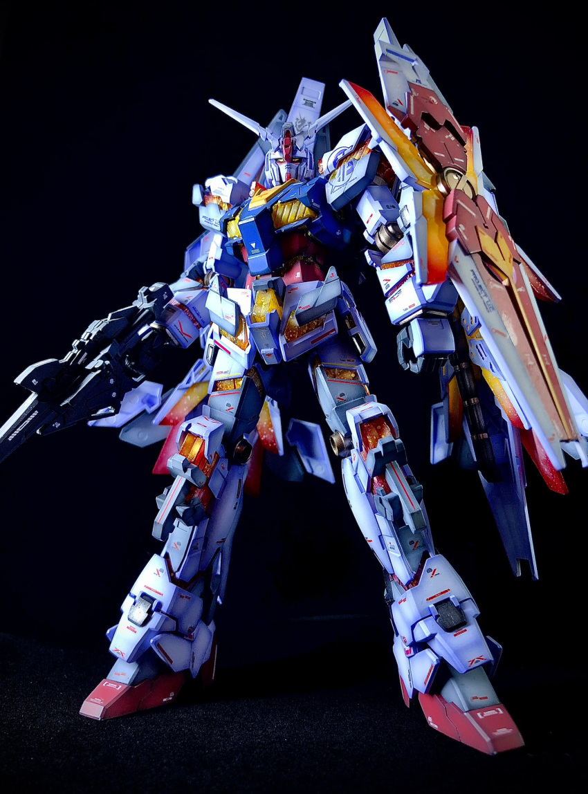 clenched_hand fusion gundam gundam_unicorn gunpla highres mecha meopla mobile_suit mobile_suit_gundam model_kit photo_(medium) rx-78-2 science_fiction shield solo unicorn_gundam v-fin yellow_eyes