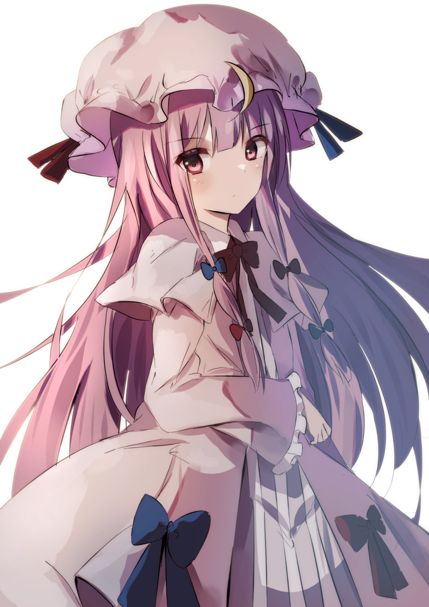 1girl bangs blue_bow bow capelet crescent crescent_hat_ornament dress eyebrows_visible_through_hair hat hat_ornament highres long_hair long_sleeves looking_at_viewer mob_cap natsume_suzuri patchouli_knowledge purple_hair red_bow ribbon simple_background solo striped touhou very_long_hair violet_eyes white_background