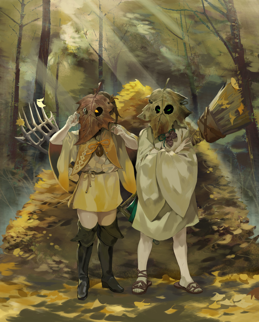 2others absurdres ashukapeka autumn autumn_leaves boots broom check_copyright copyright_request crossed_legs day flip-flops forest full_body ginkgo_leaf gradient green_eyes hands_up highres leaf long_sleeves looking_to_the_side mask multiple_others nature original outdoors pinecone pitchfork robe sandals sash scratching_head scroll standing sunlight thigh_boots wide_sleeves yellow_eyes