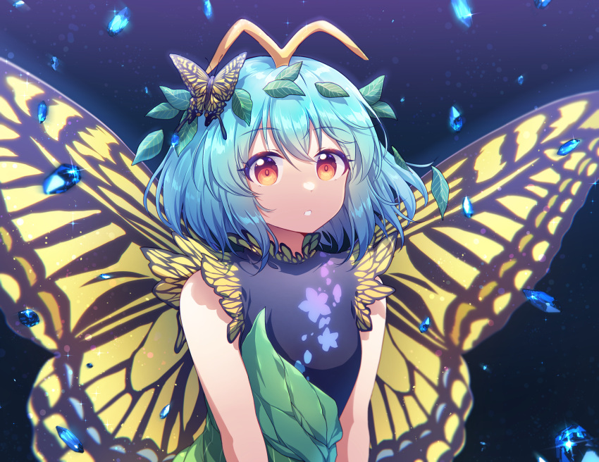 1girl absurdres antennae aqua_hair butterfly_hair_ornament butterfly_wings dress eternity_larva eyebrows_visible_through_hair fairy gem green_dress hair_between_eyes hair_ornament highres kaoling leaf leaf_on_head multicolored_clothes multicolored_dress open_mouth orange_eyes short_hair short_sleeves solo touhou upper_body wings