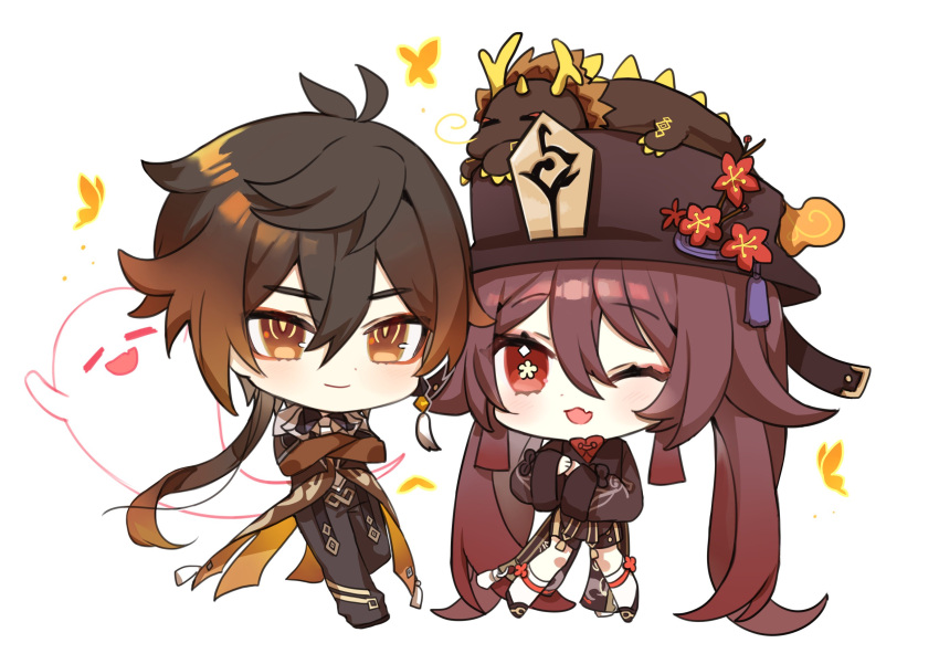 1boy 1girl brown_hair chibi closed_mouth crossed_arms dragon flower genshin_impact ghost gradient_hair hat highres hu_tao_(genshin_impact) long_hair multicolored_hair one_eye_closed open_mouth simple_background sp0i0ppp star-shaped_pupils star_(symbol) symbol-shaped_pupils twintails very_long_hair white_background zhongli_(genshin_impact)