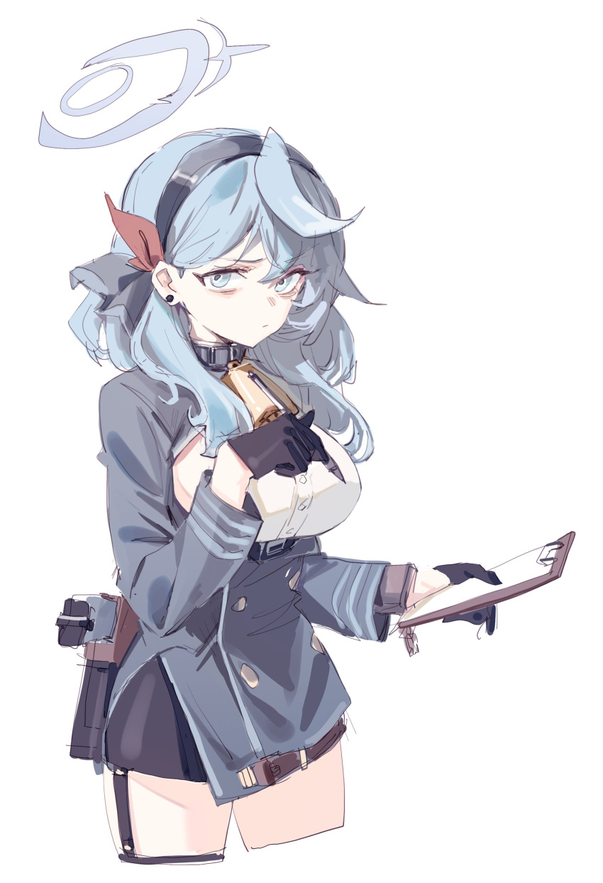 1girl absurdres ako_(blue_archive) bags_under_eyes bell black_gloves black_skirt blue_archive blue_coat blue_eyes blue_hair blue_hairband breasts buttons clipboard coat earrings garter_straps gloves gun hairband half_gloves halo handgun highres holding holding_clipboard holding_pen jewelry large_breasts looking_at_viewer luger_p08 mia_(39565899) miniskirt neck_bell pen red_ribbon ribbon skirt solo weapon