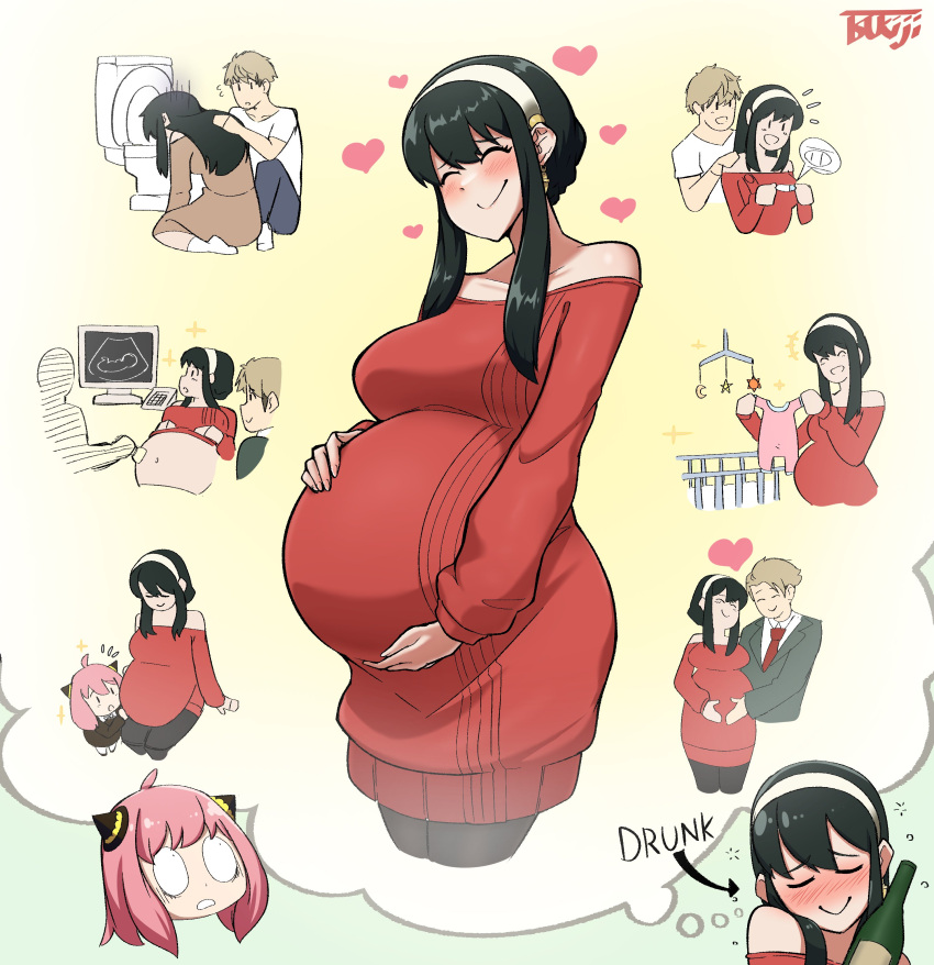 absurdres anya_(spy_x_family) bare_shoulders big_belly blush breasts closed_eyes couple dress drunk earrings english_commentary hair_ornament hairpods headband highres if_they_mated imagining jewelry large_breasts leggings off-shoulder_sweater off_shoulder pregnant sick smile spy_x_family sweater sweater_dress toilet tsukijitums yor_briar