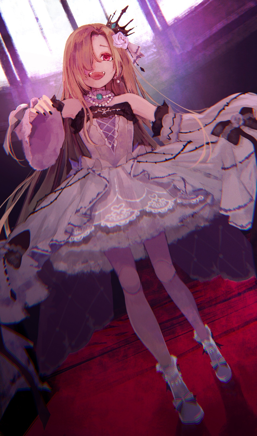 1girl 8root5 asymmetrical_bangs bangs bare_shoulders blonde_hair choker crown detached_sleeves dress frilled_choker frills full_body hair_over_one_eye highres idolmaster idolmaster_cinderella_girls long_hair looking_at_viewer mini_crown nail_polish one_eye_covered red_carpet red_eyes shirasaka_koume smile solo strapless strapless_dress two-tone_dress very_long_hair wide_sleeves