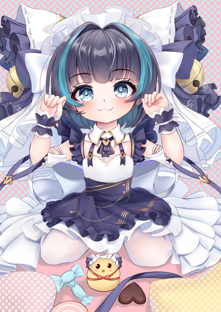 1girl :3 absurdres aqua_eyes aqua_hair azur_lane bangs bell black_hair blunt_bangs candy cheshire_(azur_lane) child chinese_commentary chocolate closed_mouth curled_fingers detached_collar dot_nose dress eyebrows_visible_through_hair fang flat_chest food frilled_dress frills gold_trim hair_ornament hands_up heart heart-shaped_chocolate highres jingle_bell little_cheshire_(azur_lane) long_dress looking_at_viewer maid_headdress manjuu_(azur_lane) multicolored_hair polka_dot polka_dot_background sitting solo streaked_hair suspenders two-tone_hair user_jpzu3458 wariza white_dress white_legwear wrist_cuffs