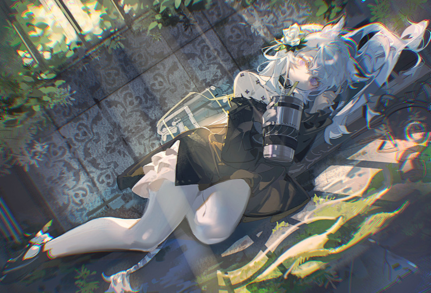 1girl animal_ear_fluff animal_ears arknights bag bangs black_dress black_footwear cup dress drinking drinking_straw dutch_angle flower full_body hair_flower hair_ornament heavyrain_(arknights) heavyrain_(tranquil_moss)_(arknights) highres holding holding_cup horse_ears indoors light_rays long_hair long_sleeves looking_at_viewer lying moss official_alternate_costume on_floor on_side pantyhose rose samo_(shichun_samo) solo sunbeam sunlight very_long_hair violet_eyes white_flower white_hair white_legwear white_rose window window_shade