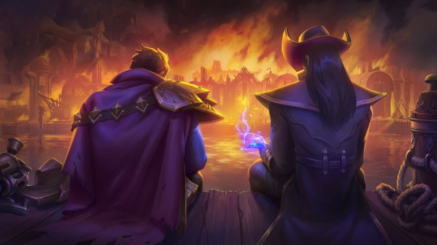 2022 2boys beard brown_hair cape card clouds cloudy_sky coat destroyed facial_hair fire glowing graves_(league_of_legends) gun hat highres hugolam league_of_legends male_focus mature_male messy_hair mitchmalloy multiple_boys night night_sky ocean official_art outdoors pants rune shirt sitting sky smoke tmhlaba twisted_fate universe water weapon wooden_floor