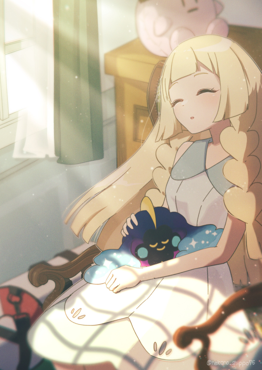 1girl bag chair closed_eyes closed_mouth cosmog creature creature_on_lap hand_on_another's_head headpat highres lillie_(pokemon) nako_(nekono_shippo75) on_lap open_mouth pokemon pokemon_(anime) pokemon_(creature) pokemon_(game) pokemon_sm pokemon_usum shelf sleeping sleeping_upright stuffed_toy sunlight window