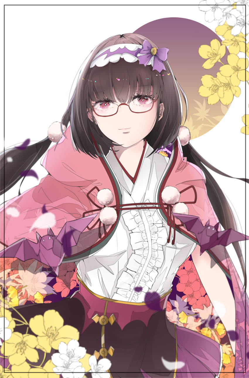 1girl absurdres bangs bat bow brown_hair commentary_request fate/grand_order fate_(series) flower fushimi_go glasses hairband highres hood hood_down japanese_clothes long_hair looking_at_viewer low_twintails origami osakabe-hime_(fate) pink_eyes pom_pom_(clothes) red-framed_eyewear semi-rimless_eyewear solo twintails violet_eyes white_background white_flower yellow_flower